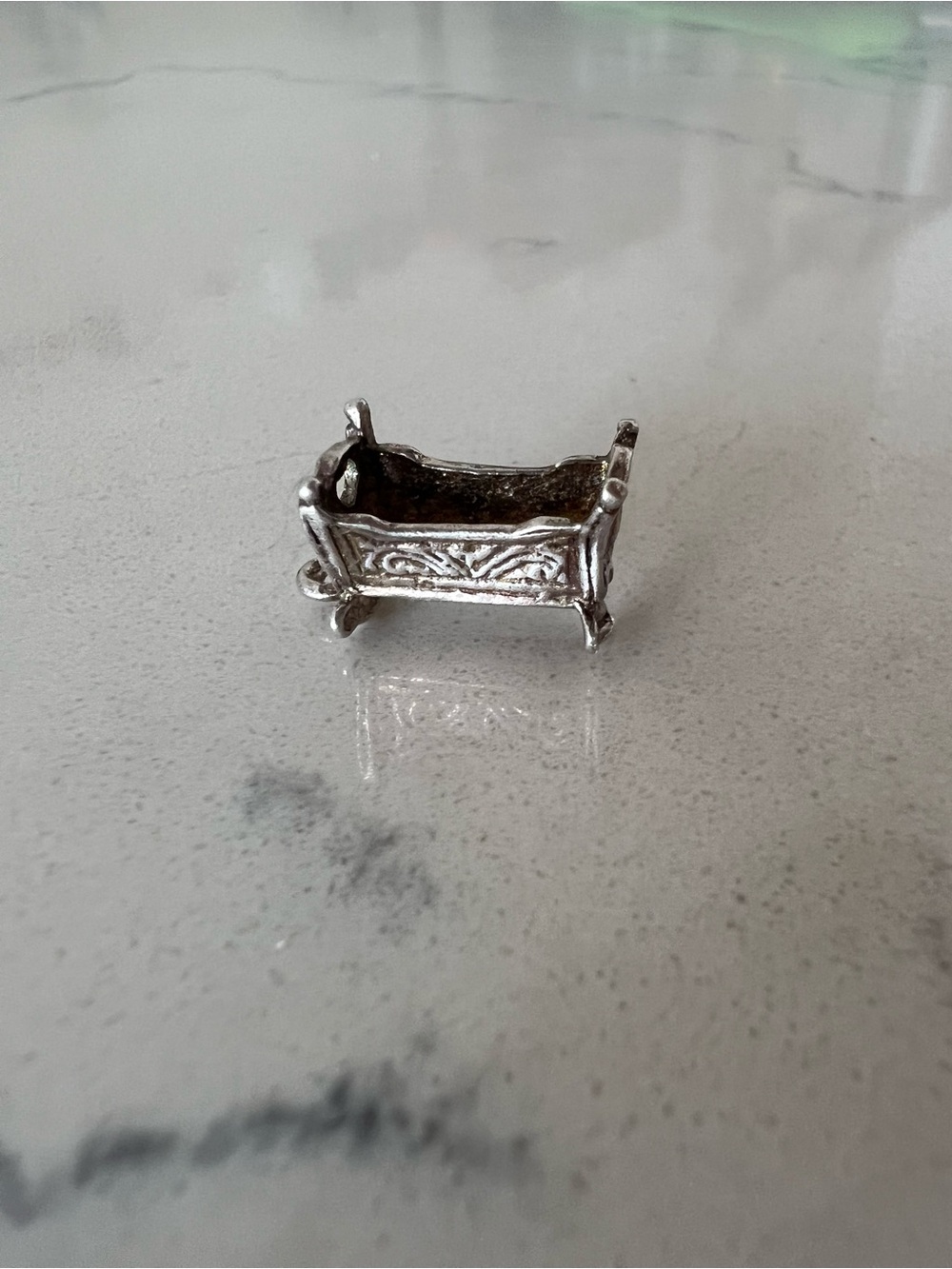 Vintage Sterling Silver Baby Crib Charm – Heart Cut-Out Engraved Design